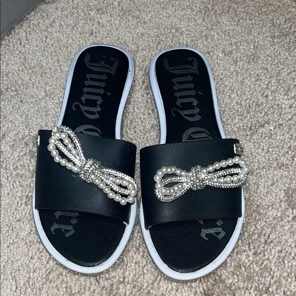 Juicy Couture Black Slide Sandals with Pearl & Rhinestone Bow Accents